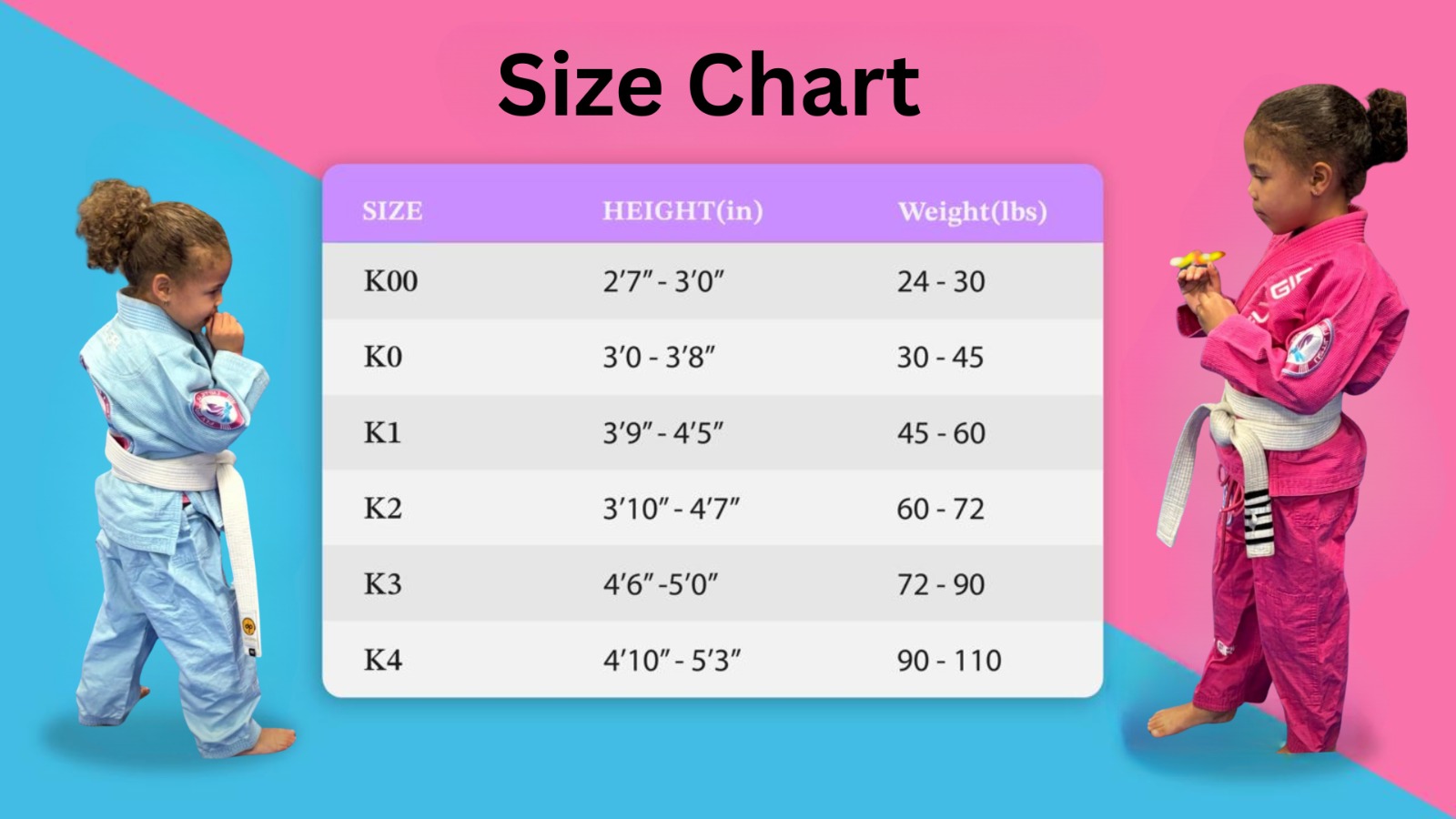 Size chart for Fly Girl Jiu Jitsu gis