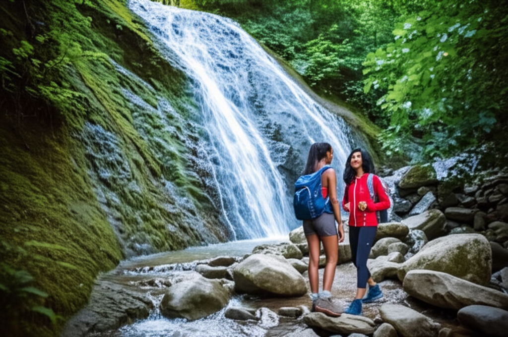 Women hiking to waterfall